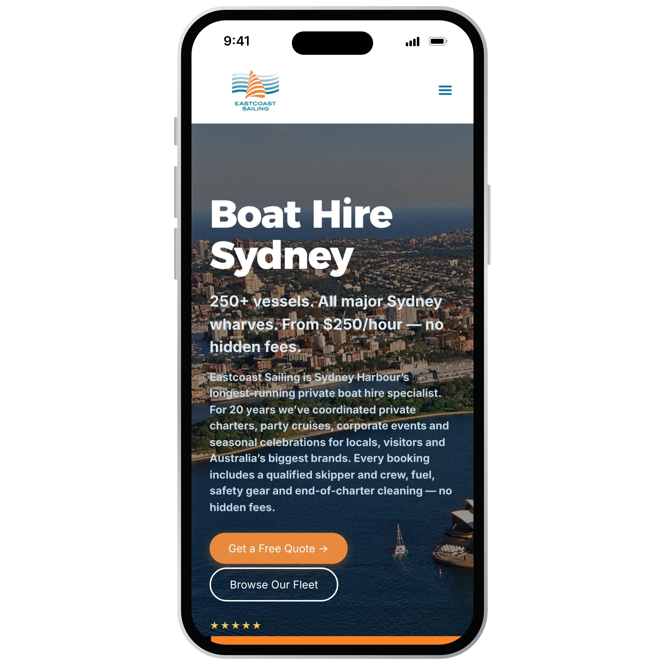 Eastcoast Sailing website mobile view - Wolf IQ