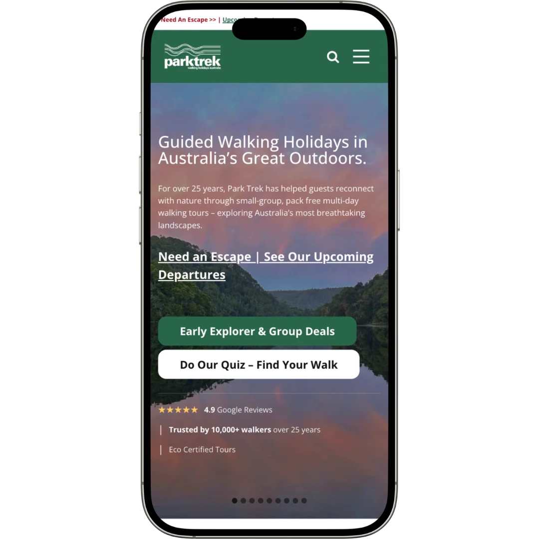 Park Trek Walking Holidays website mobile view - Wolf IQ