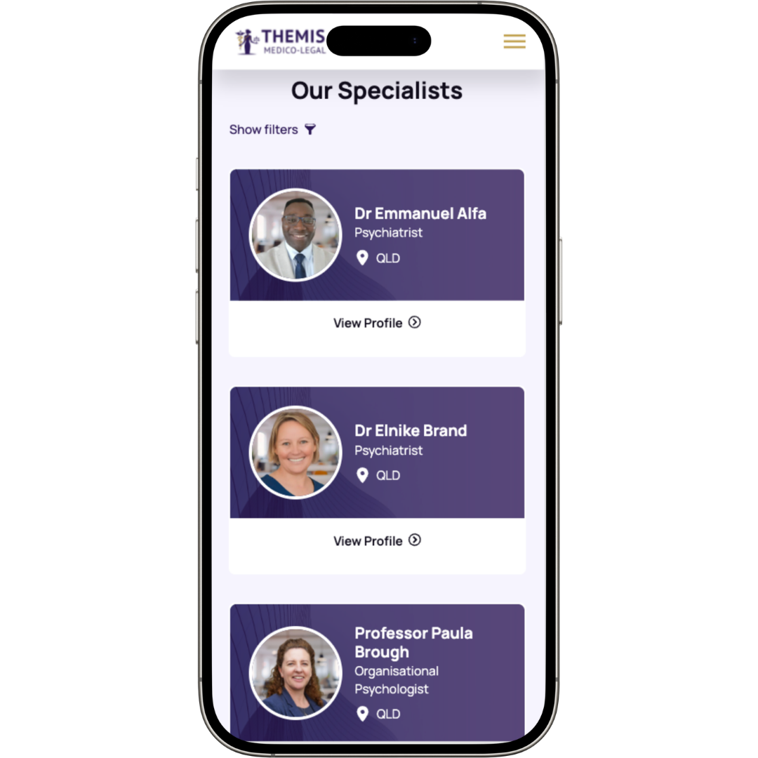 Themis Medico-Legal website mobile view - Wolf IQ