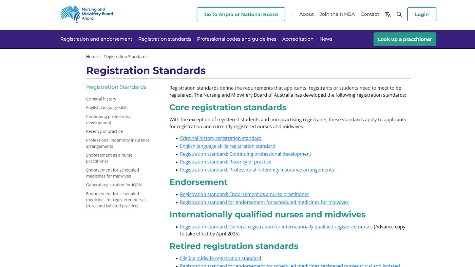 Screenshot of the Nursing and Midwifery Board of Australia’s registration standards page, supporting the explanation of what is AHPRA and how it works with boards.