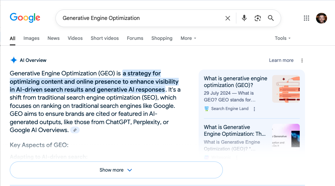 Google search now features AI Overviews showing GEO answers above ads and organic website links - Wolf IQ