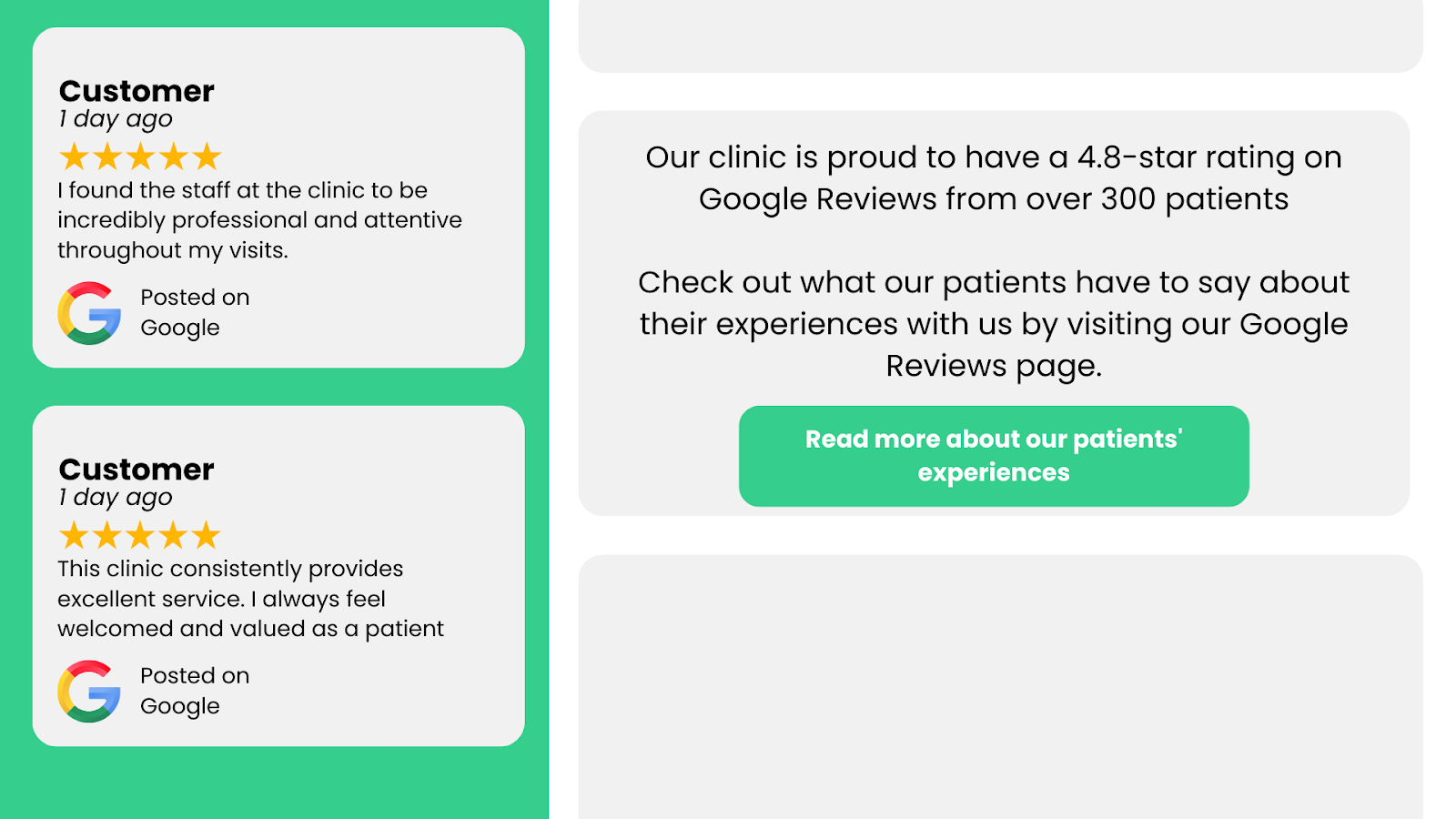 Example of compliant vs non-compliant display of patient reviews, showing correct external link to Google Reviews - Wolf IQ