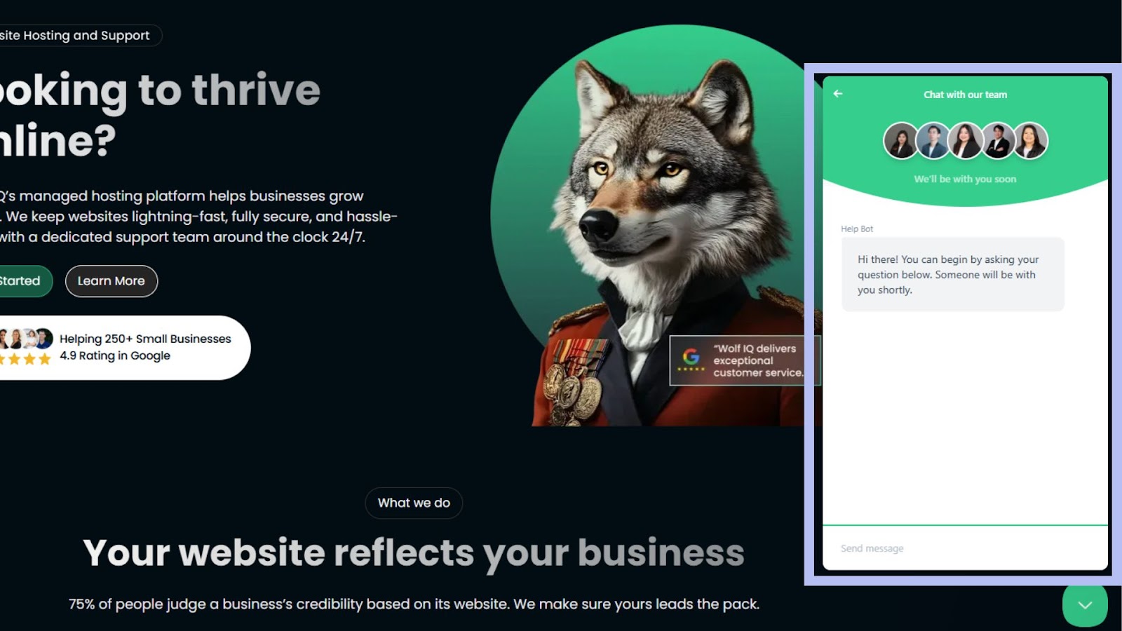 WordPress hosting page with wolf and live chat, highlighting expert support and performance-focused features - Wolf IQ