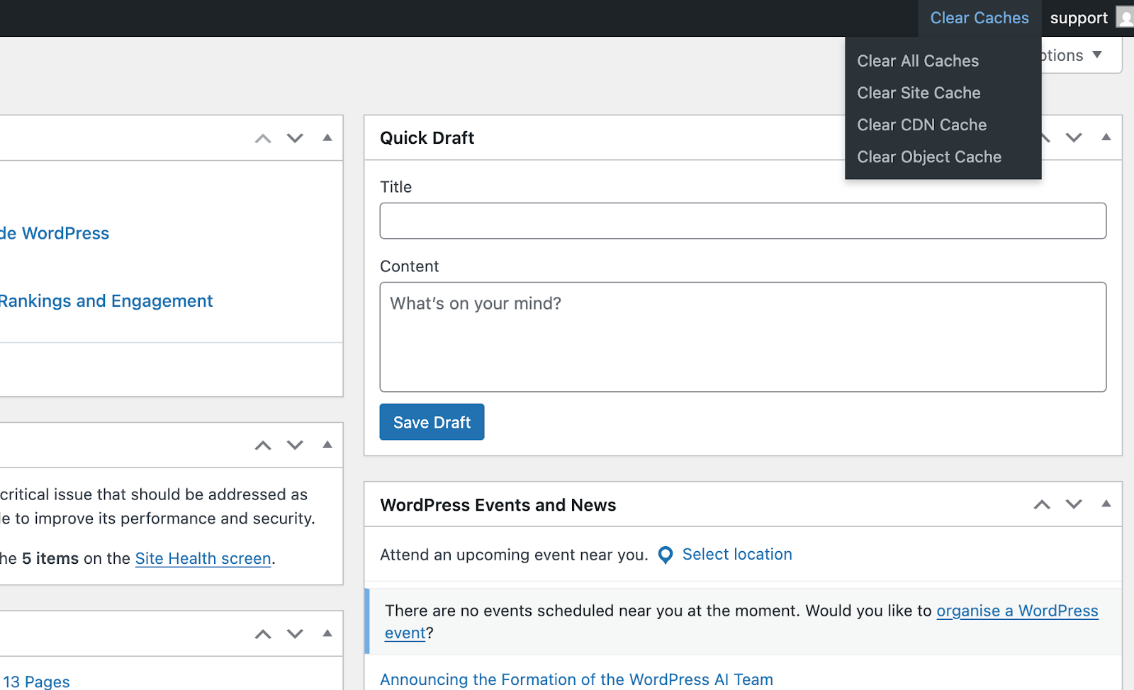 WordPress dashboard showing cache clearing and permalink update steps after migration - Wolf IQ