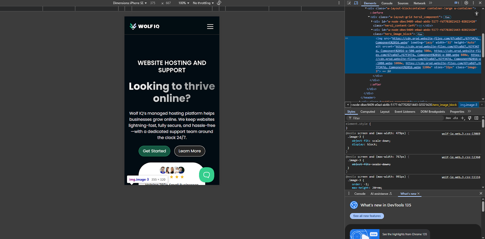 Mobile site preview in Chrome DevTools showing responsive website design for SEO testing - Wolf IQ.