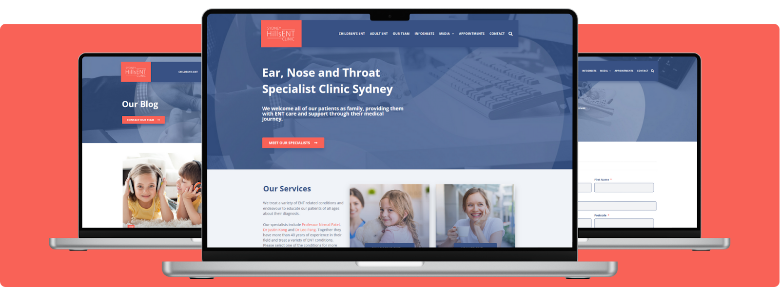 Website designs for Sydney Hills ENT Clinic shown across devices, highlighting Wolf IQ’s medical expertise – Wolf IQ