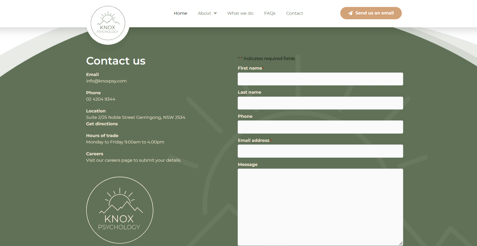 Knox Psychology contact page showcasing strong healthcare branding with clear email, phone, location, and contact form details - Wolf IQ