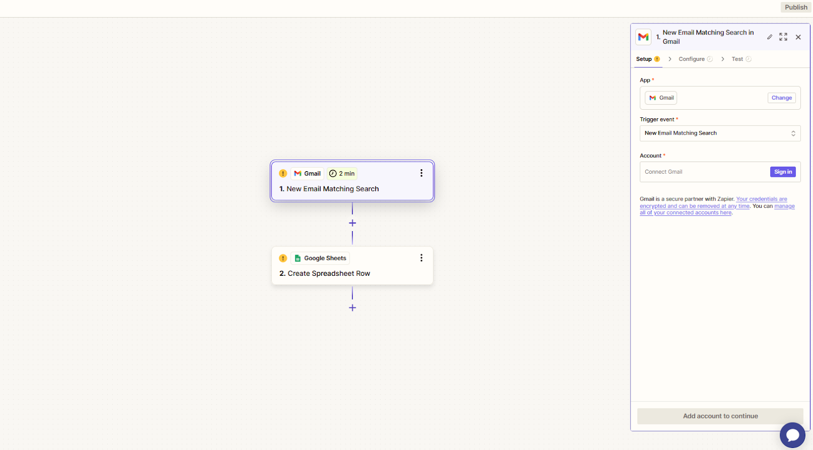 Zapier workflow example showing Gmail trigger and Google Sheets action for automation tasks - Wolf IQ