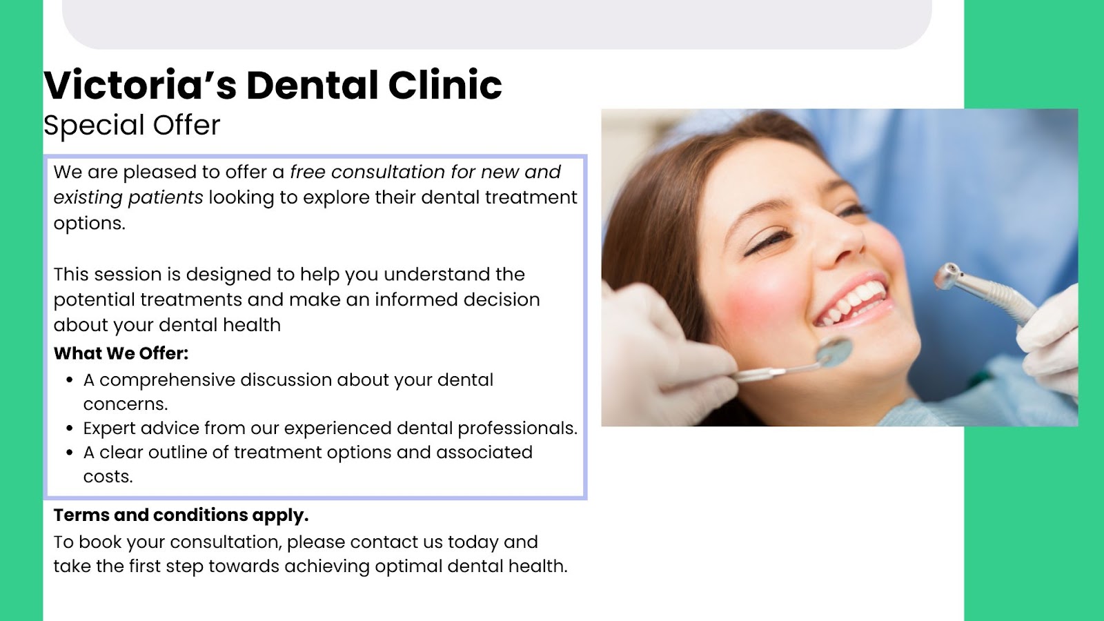 Compliant dental promotion example showing clearly outlined terms for a free consultation at Victoria V Dental Clinic - Wolf IQ