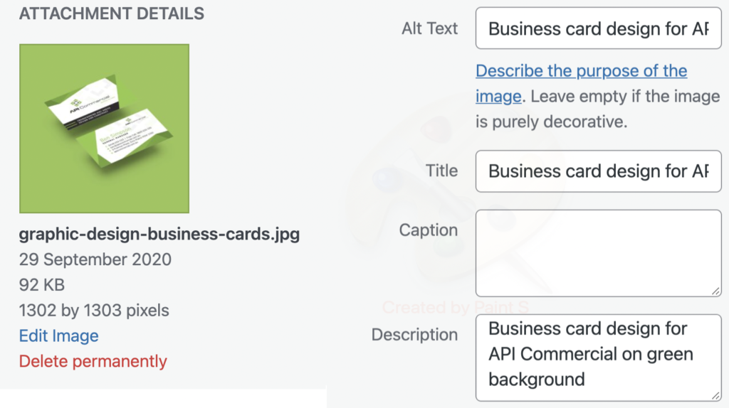screenshot of WordPress backend with image and alt text fields