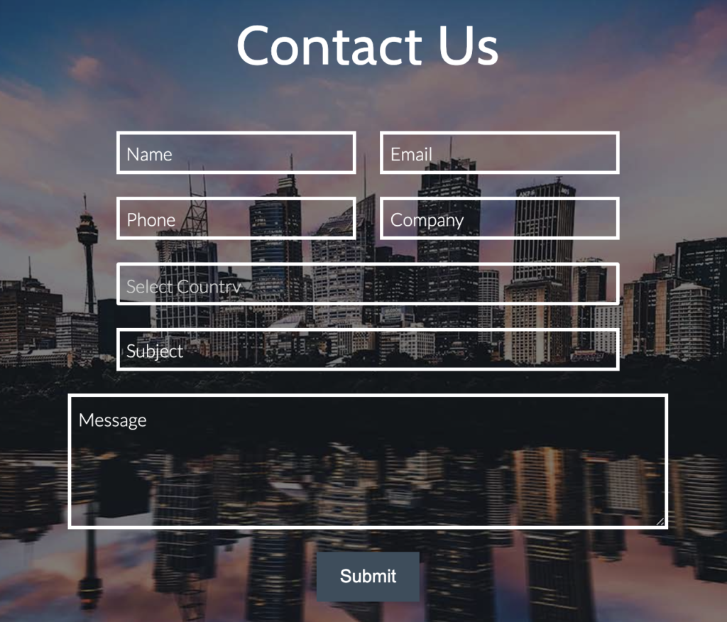 screen shot of contact us form over photo of cityscape and sunset or dawn