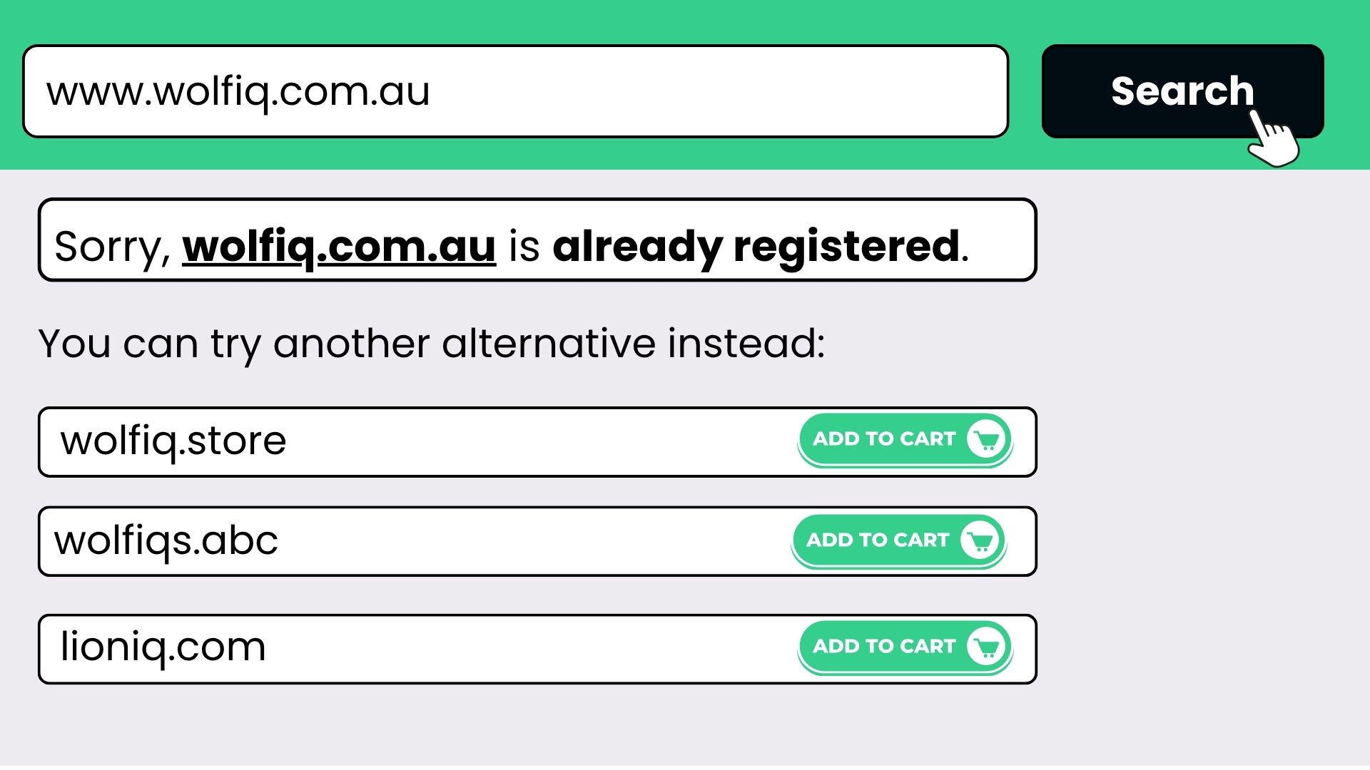 Domain search showing βwolfiq.com.au is already registeredβ with alternative options offered