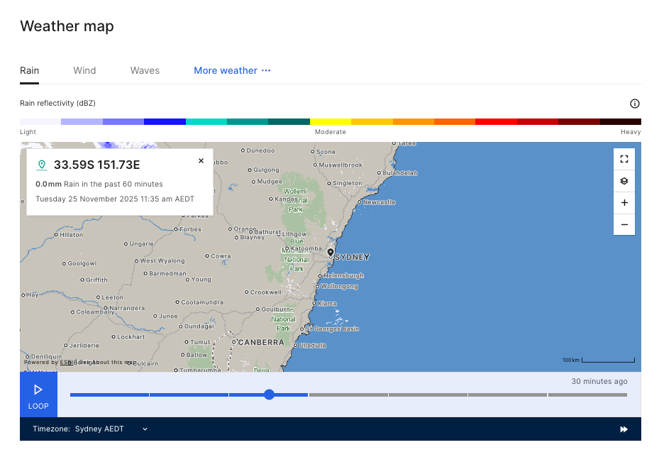 ° Bureau of Meteorology weather map: Rain radar for Sydney area, showing 33.59°S 151.73°E - Wolf IQ