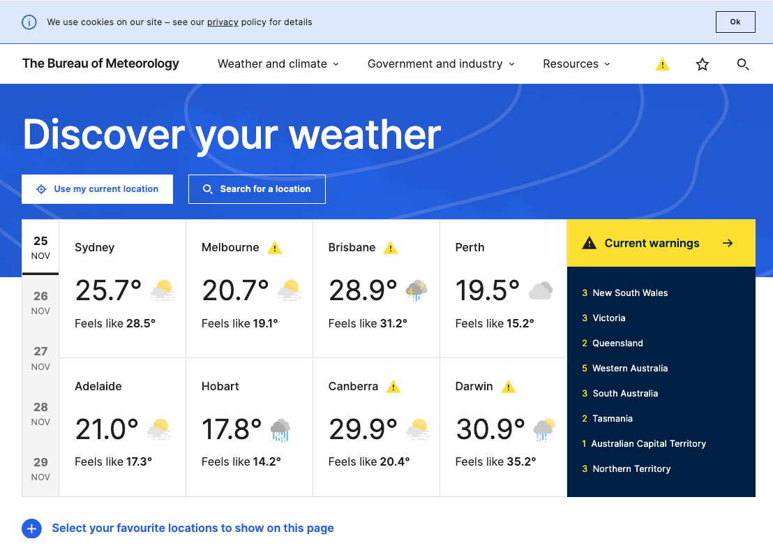 Australian Bureau of Meteorology homepage: Sydney 25.7°C, Melbourne 20.7°C, current weather - Wolf IQ