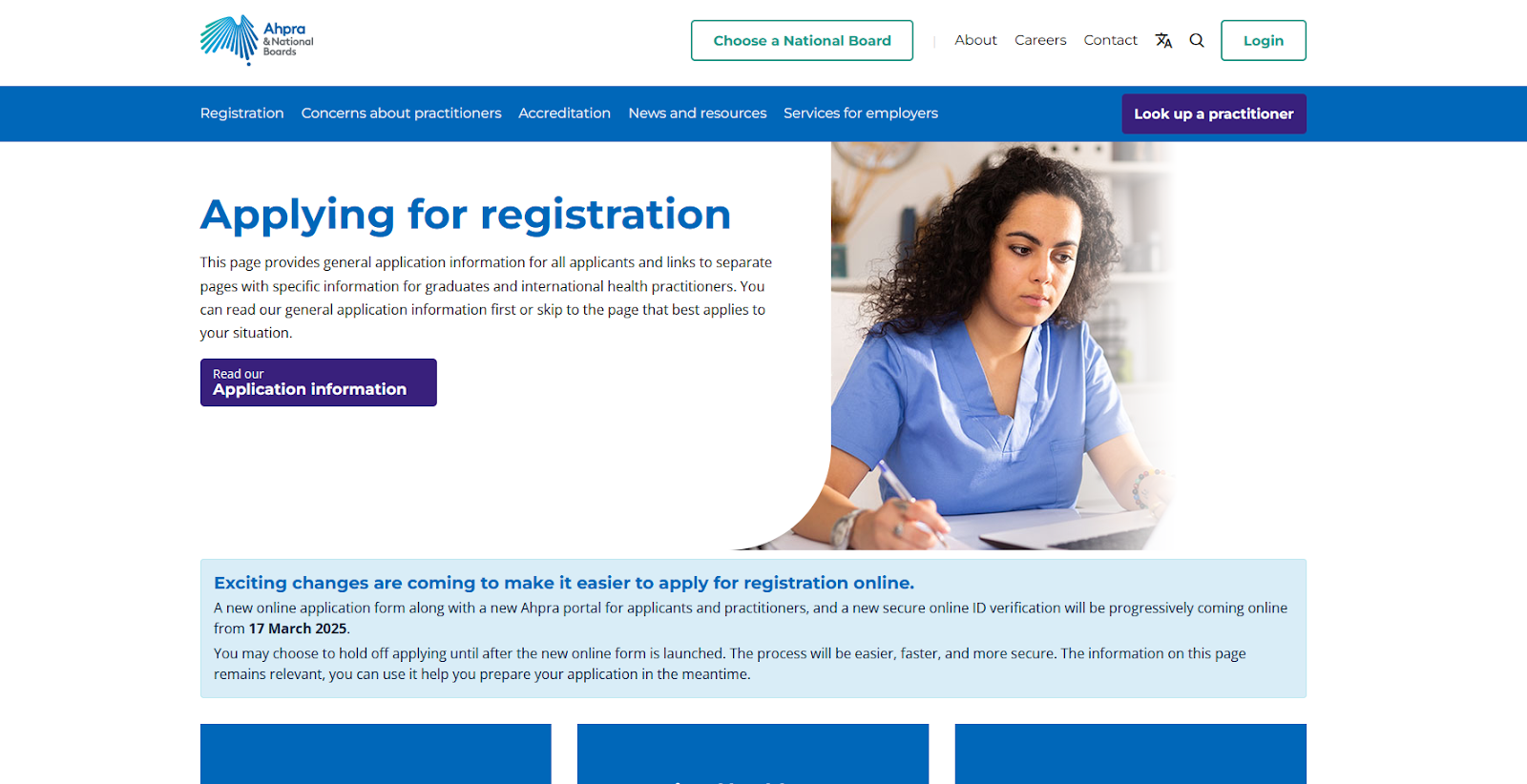 AHPRA registration webpage showing the application process for health practitioners, helping explain what is AHPRA and its role in practitioner licensing.
