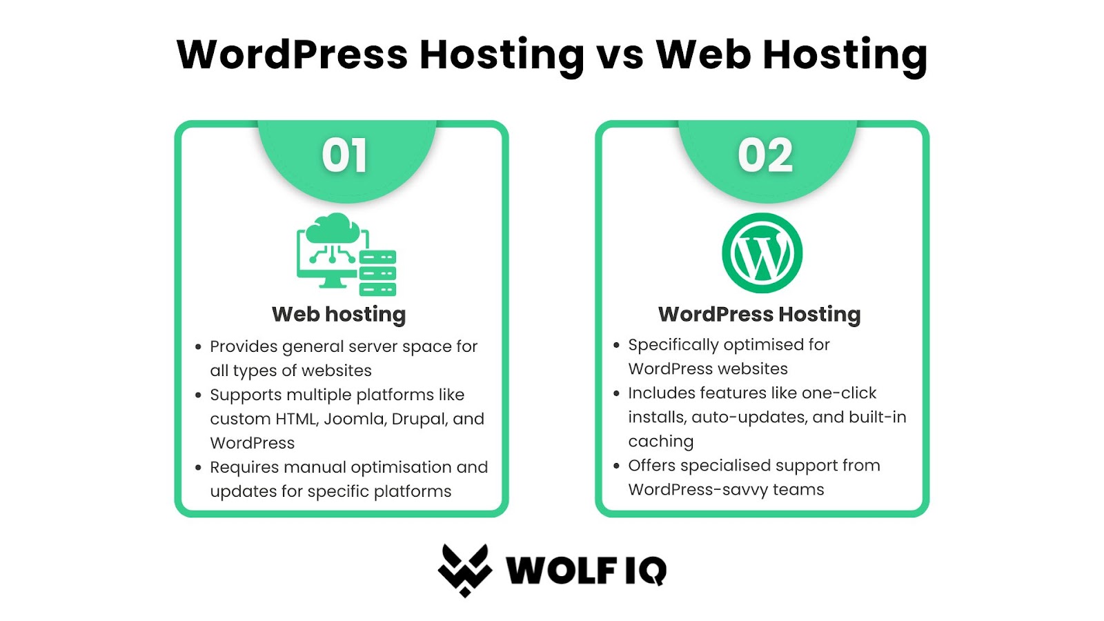 Comparison chart showing web hosting vs WordPress hosting benefits and optimisation - Wolf IQ