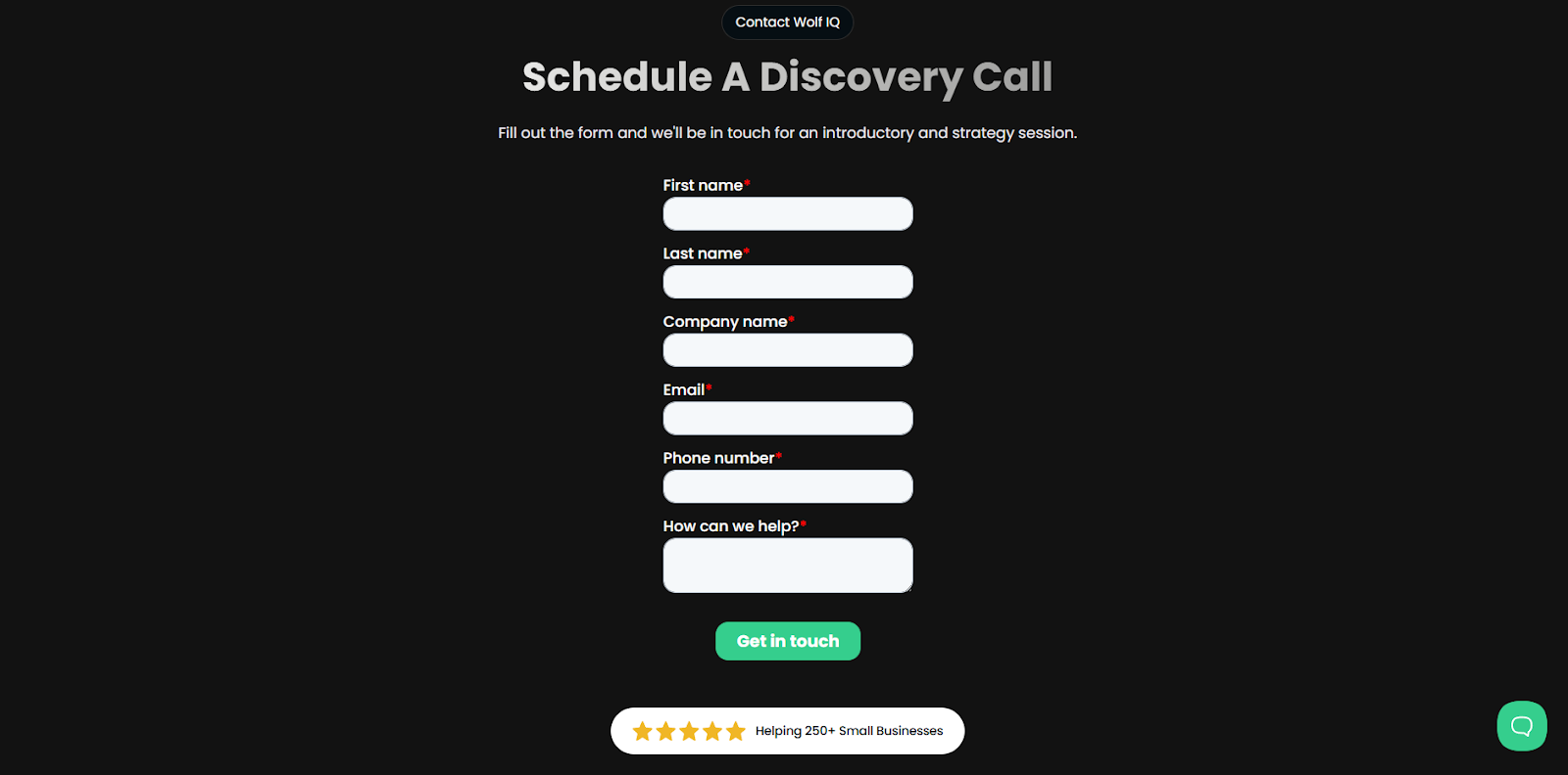 Simple discovery call form on Wolf IQ landing page with minimal fields to increase conversions and leads – Wolf IQ