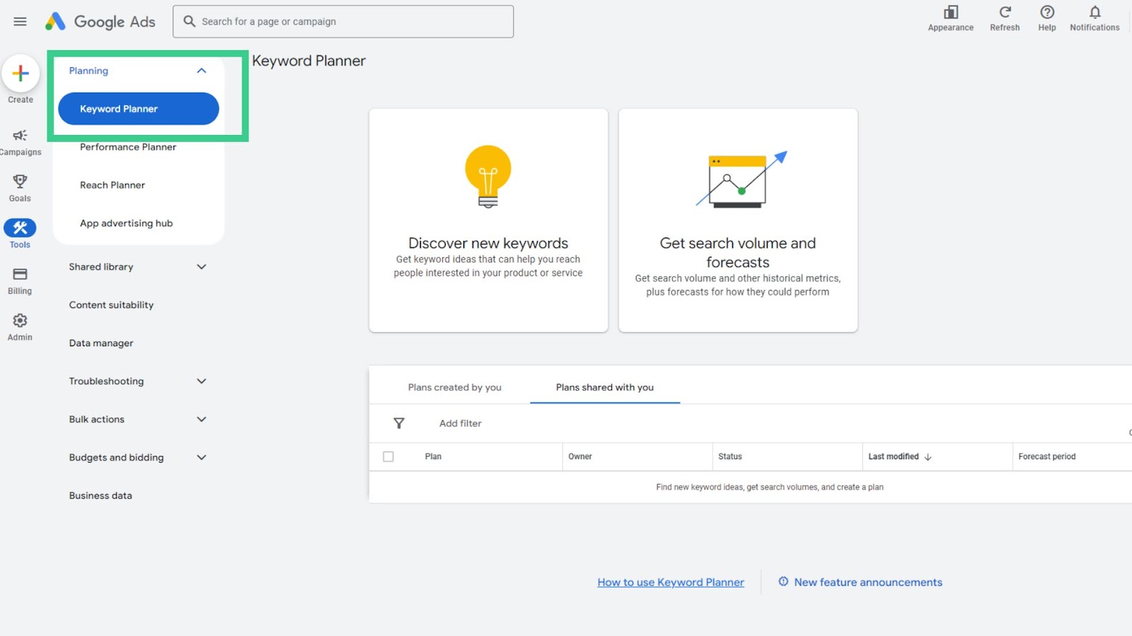 Google Keyword Planner interface for keyword research and volume forecasting - Wolf IQ.