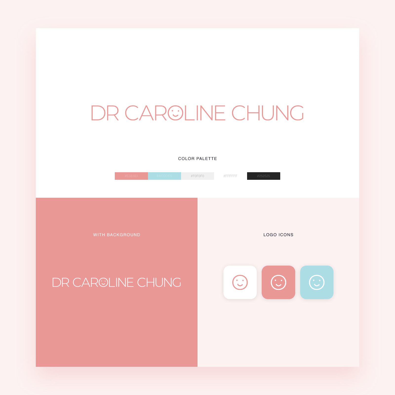 Dr. Caroline Chung logo with blush-toned brand colours and smiley icon, showcasing a soft, welcoming identity – Wolf IQ