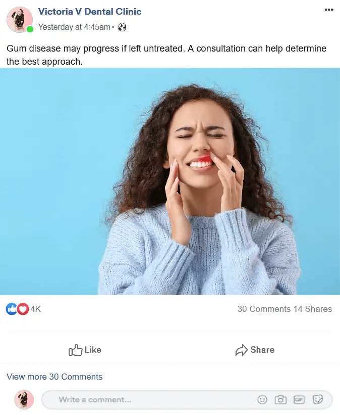 Example of a dental clinic’s Facebook ad promoting gum disease awareness, used in medical marketing to demonstrate targeted social media advertising - Wolf IQ