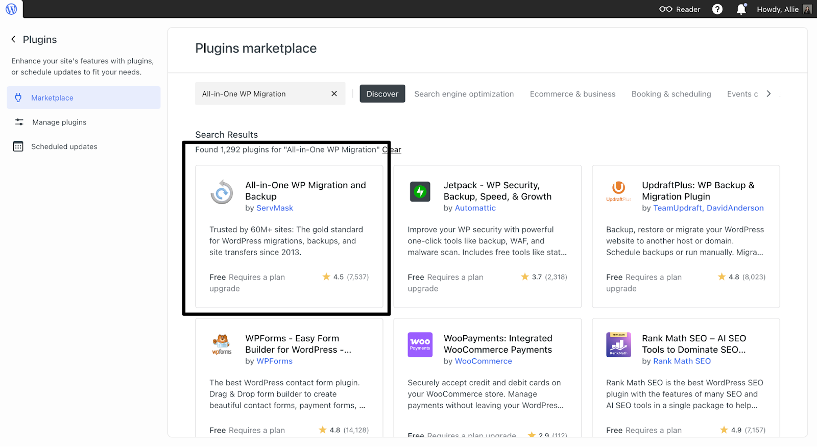 WordPress plugin marketplace showing All-in-One WP Migration plugin for site transfer - Wolf IQ