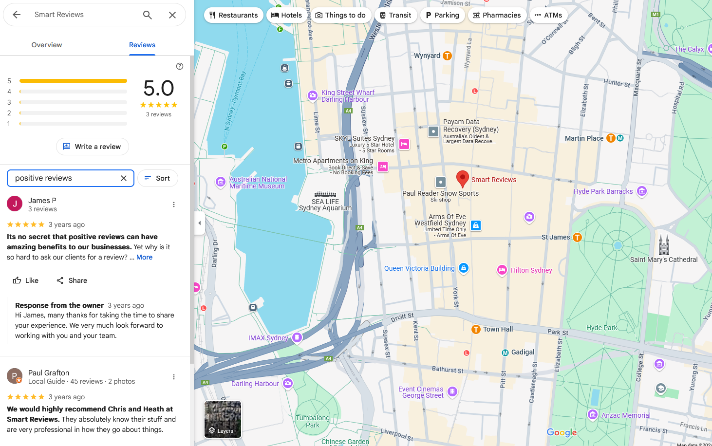 nteractive map highlighting local medical practices in Sydney with displayed user reviews, showcasing effective medical marketing strategies and the impact of positive word-of-mouth on reputation.