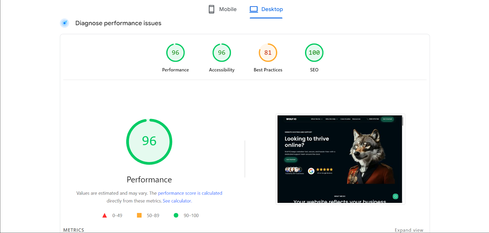 Wolf IQ Google page speed insights - Wolf IQ