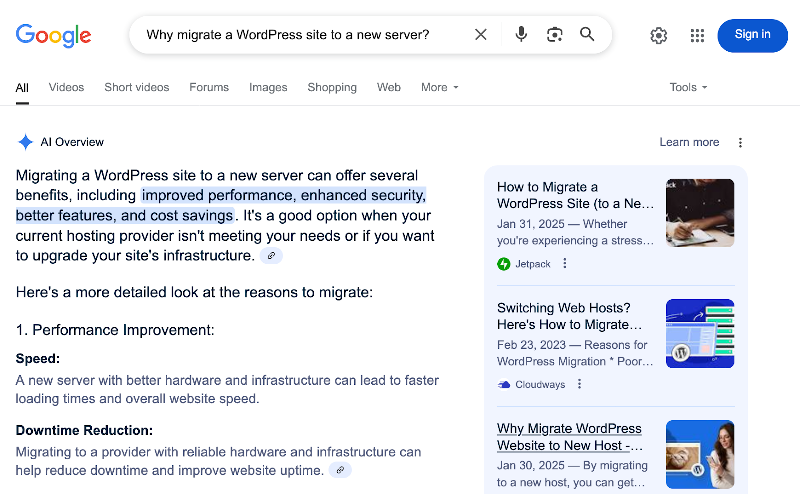 Google snippet explains why migrating a WordPress site boosts speed, security, savings - Wolf IQ