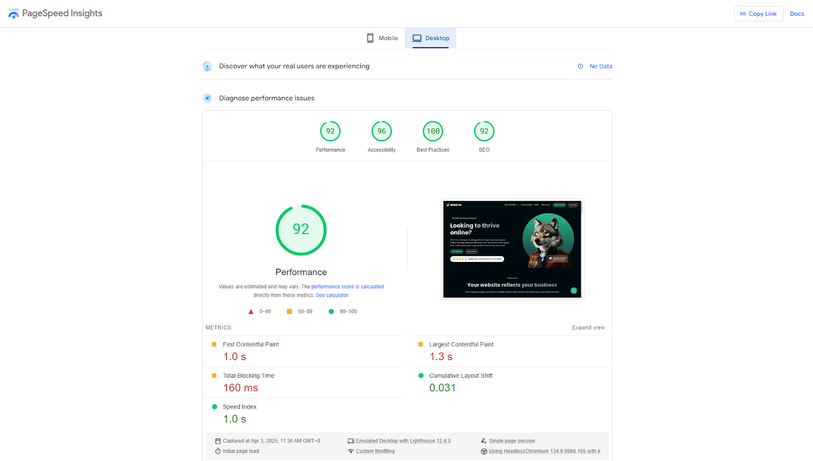 PageSpeed Insights report showing a desktop performance score of 92 with WordPress site preview and key load metrics - Wolf IQ