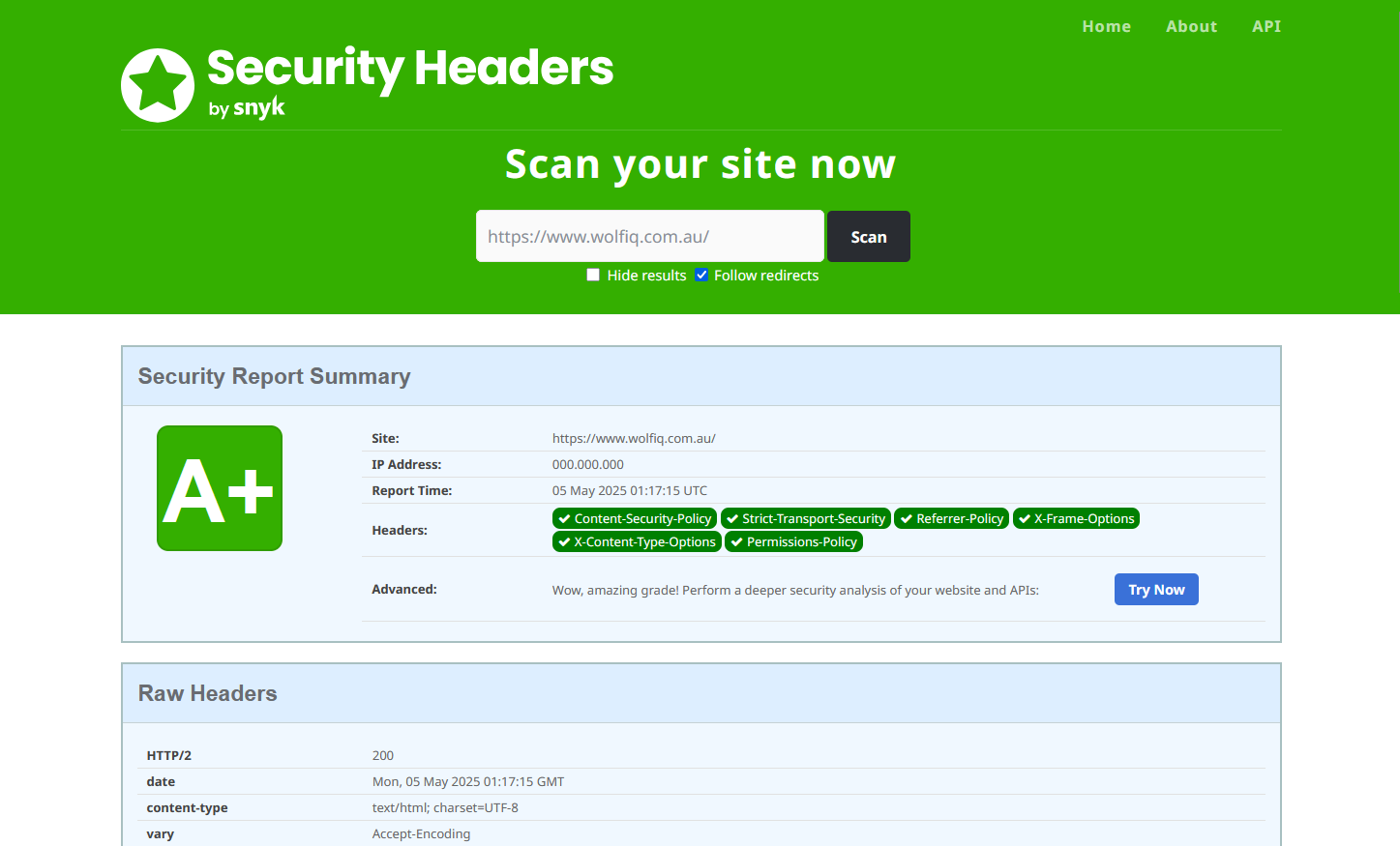 Security Headers scan result for wolfig.com.au showing an A+ rating and secure HTTP headers with green status labels - Wolf IQ