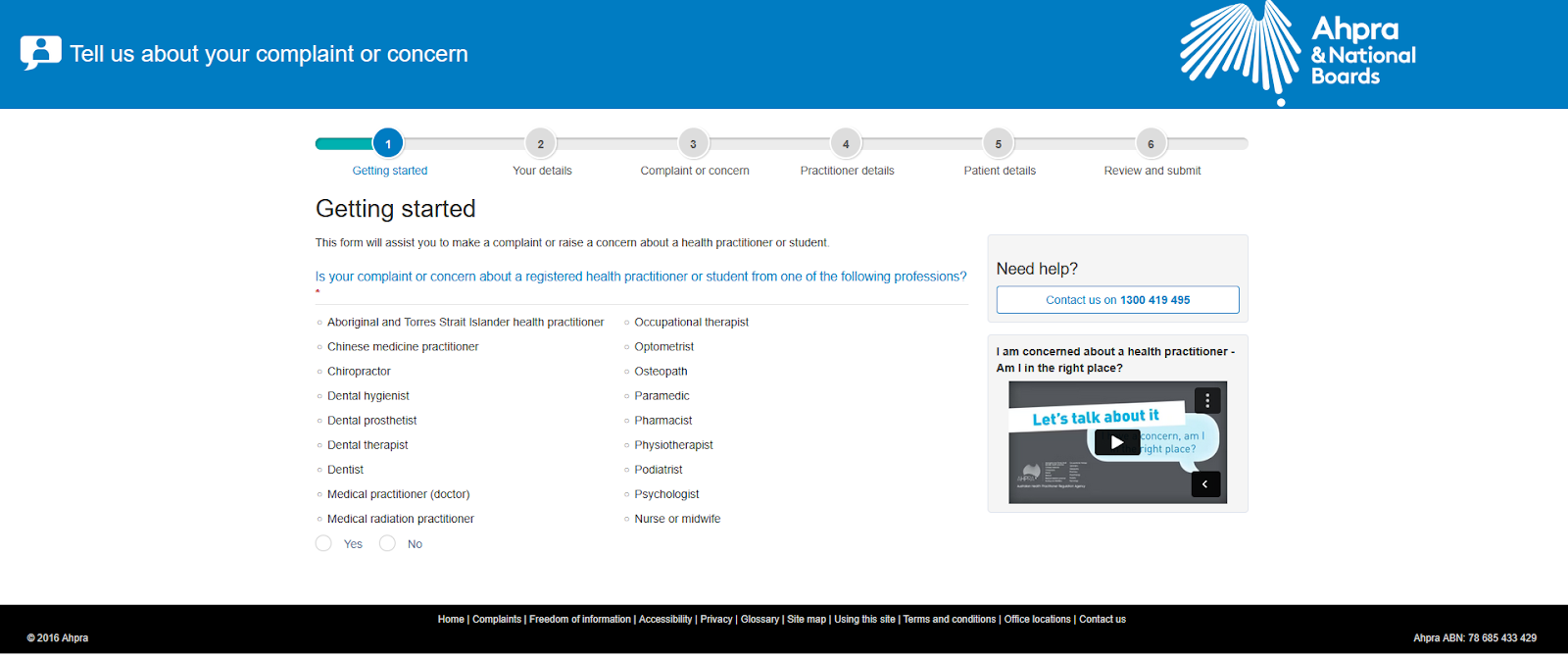 Screenshot of AHPRA’s complaint form interface, illustrating how the agency manages misconduct concerns and supports public safety—key to what is AHPRA.