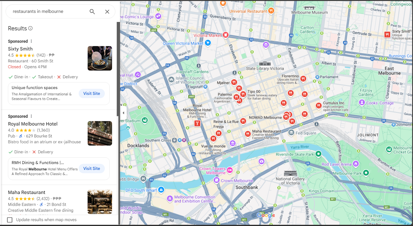 Searching for restaurants in Melbourne to show an example of local seo