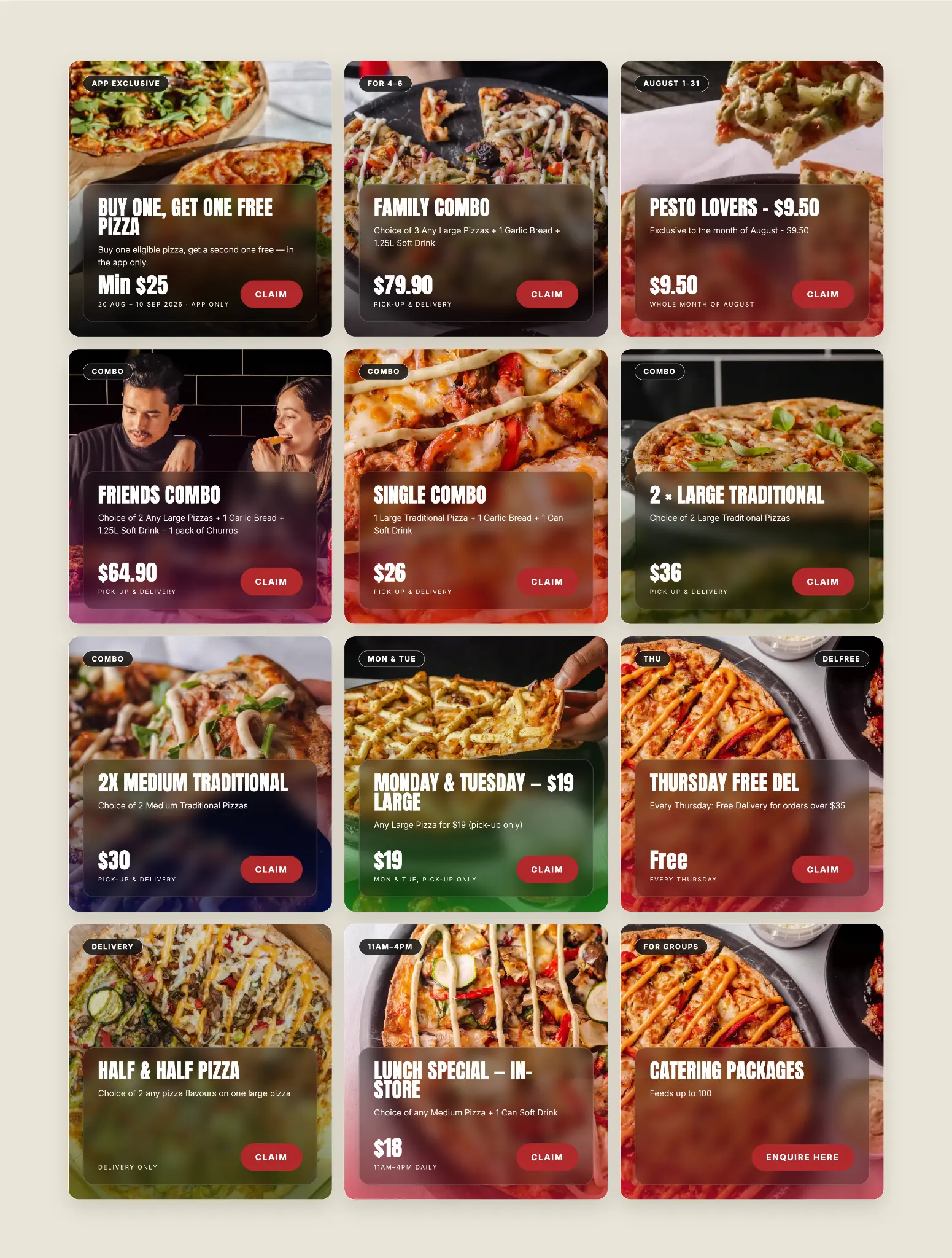 Pizza website section displaying current customer deals and offers