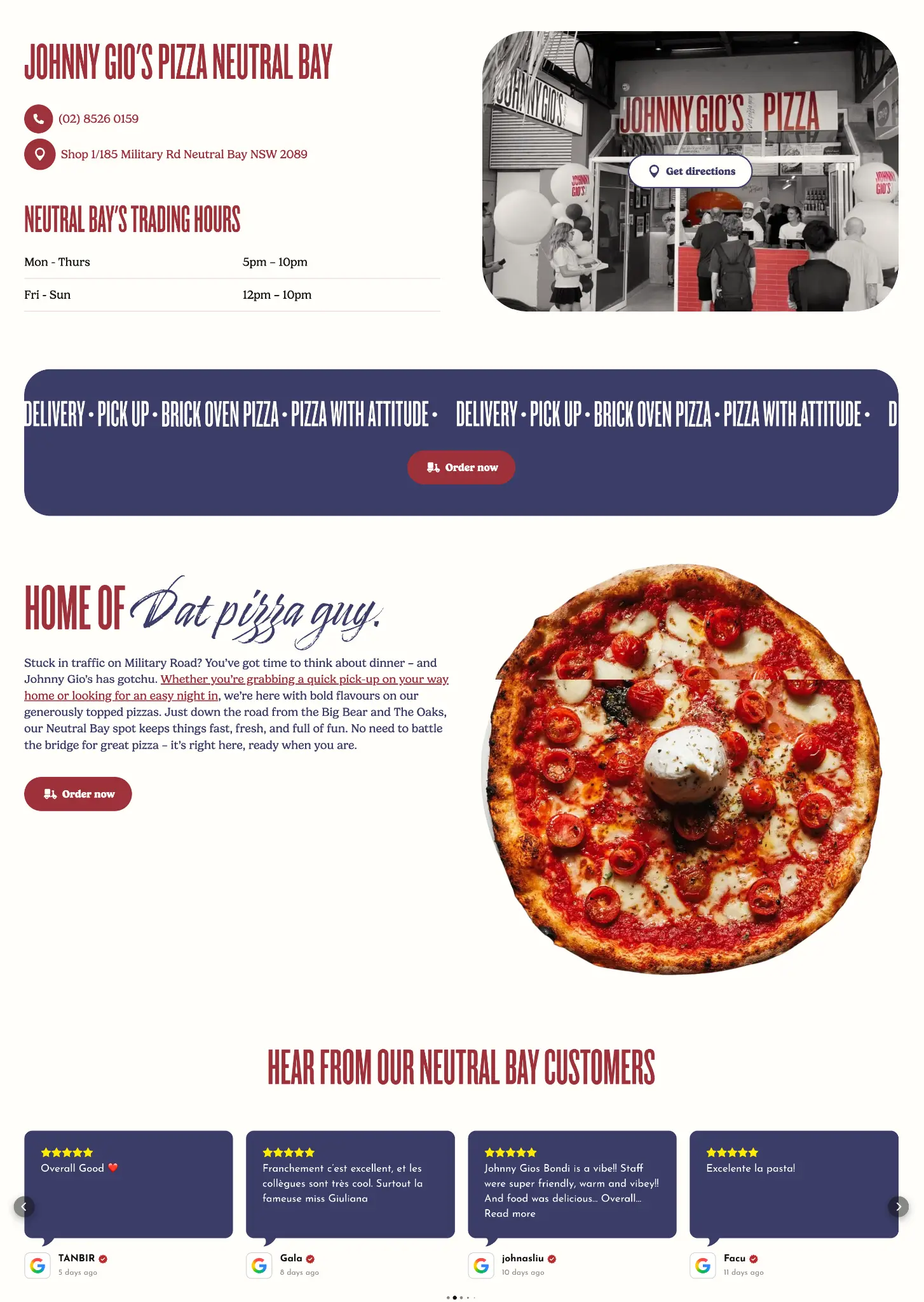 Johnny Gio's local venue page showing store details, opening hours and directions