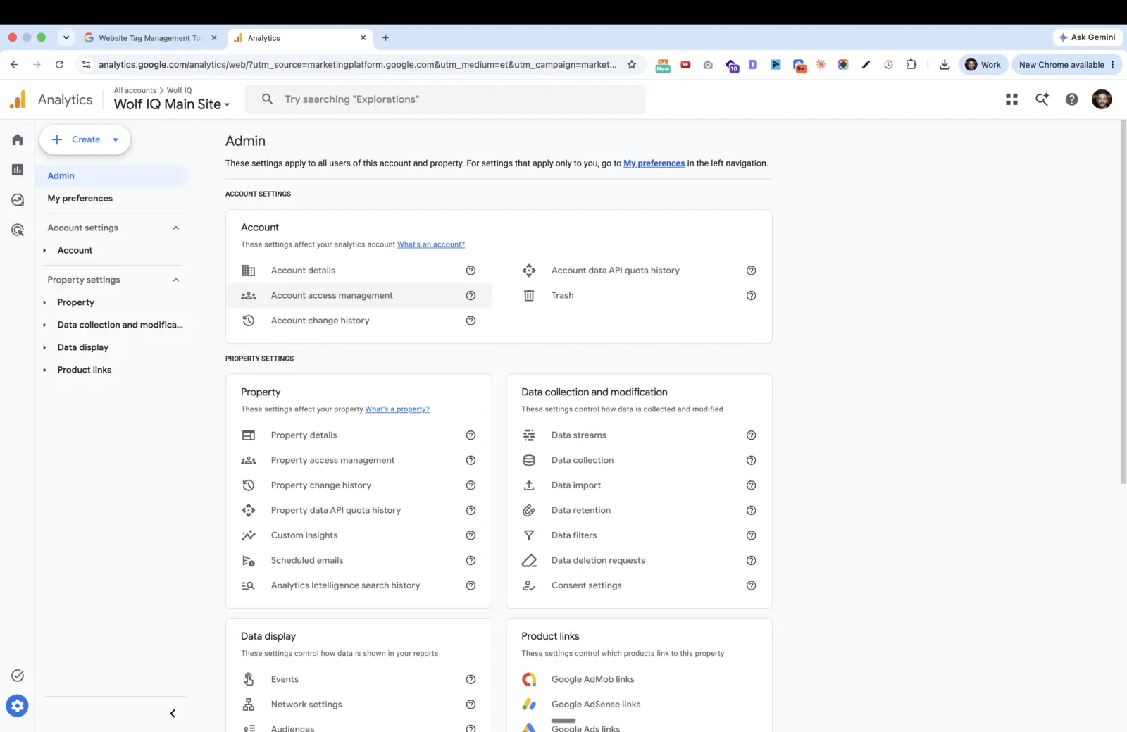 Google Analytics Admin screen showing Account access management