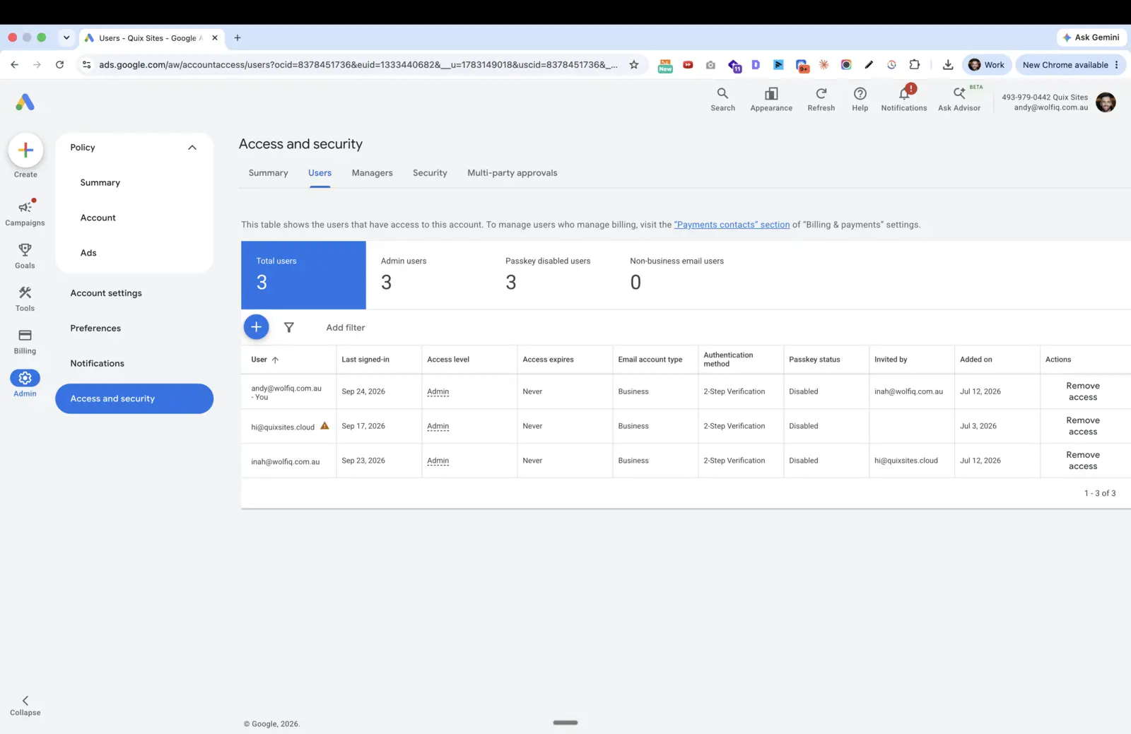 Google Ads Access and security screen showing the Users table