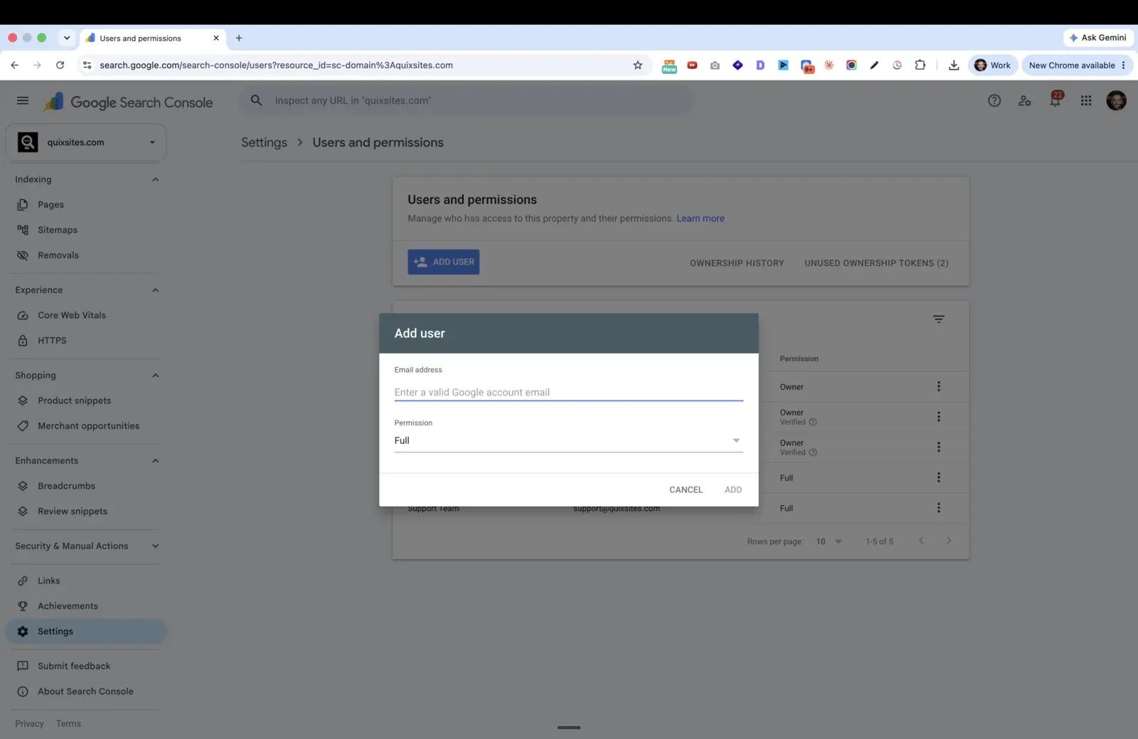 Google Search Console Add user dialog with email address and Full permission fields