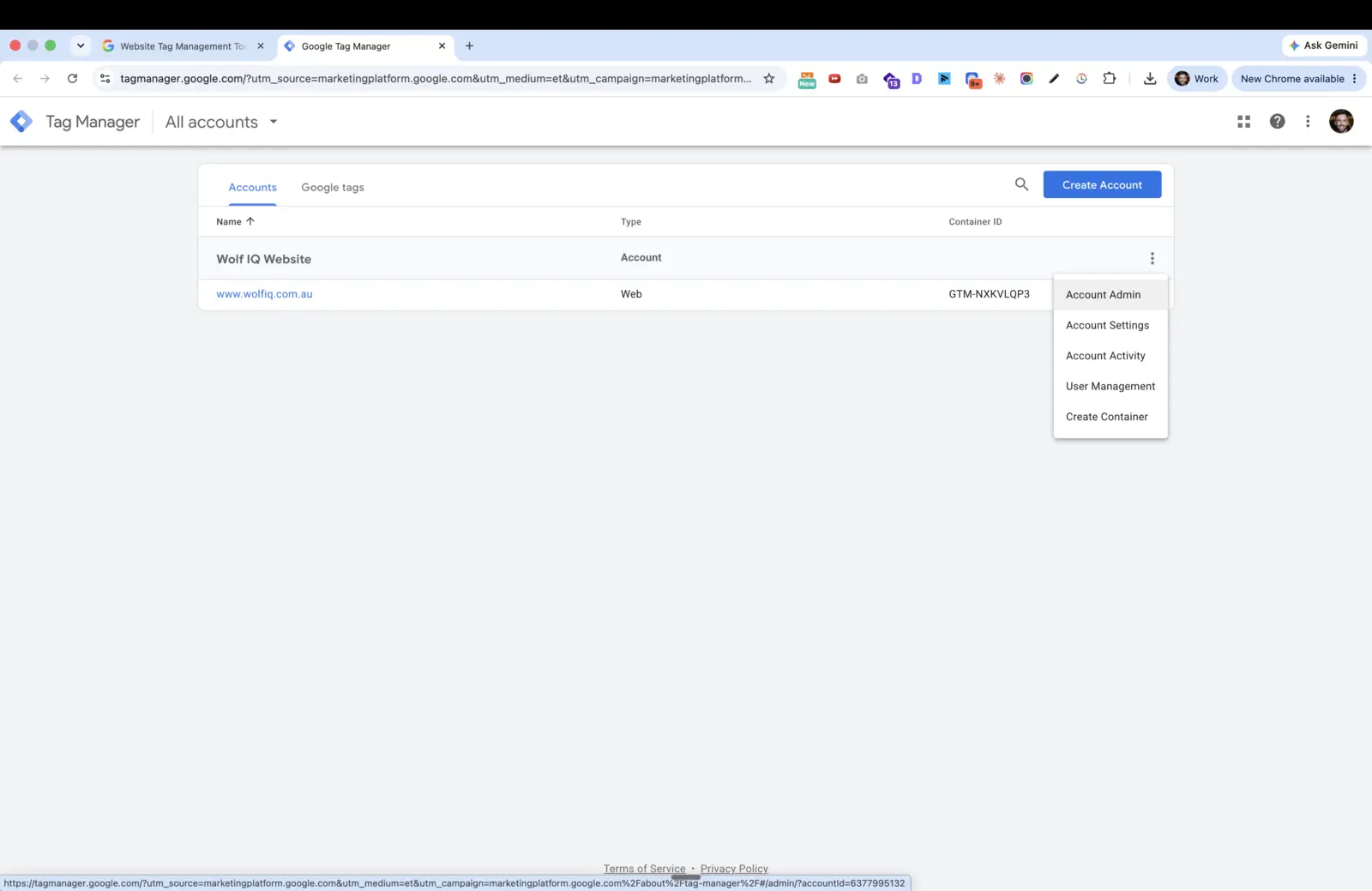 Google Tag Manager account list with the User Management menu open