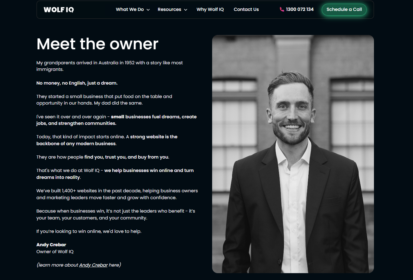 A professional headshot of Andy Crebar, owner of Wolf IQ, featured in the Meet the Owner section of the About Us page - Wolf IQ
