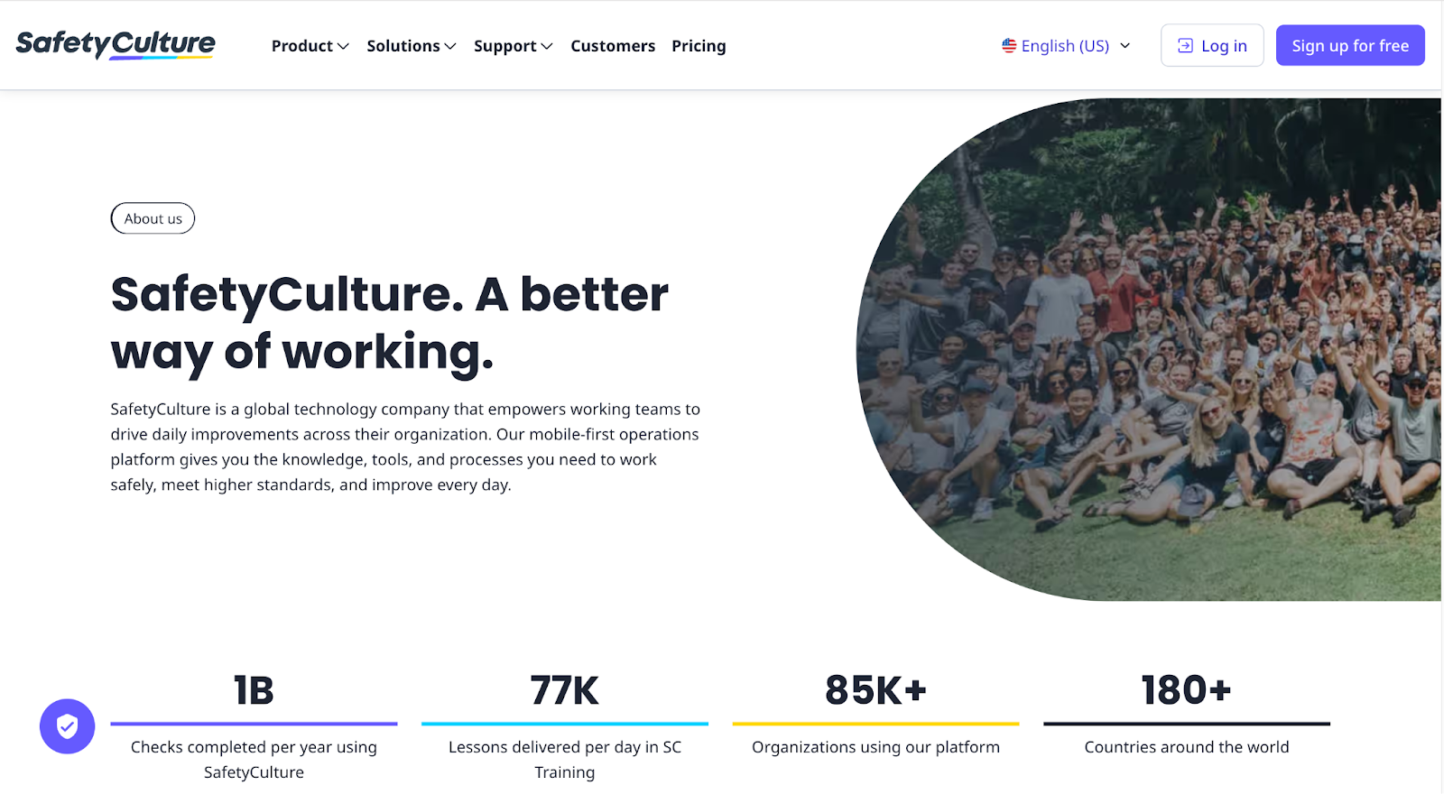 SafetyCulture About Us page showing their mission A better way of working alongside statistics like 1 billion annual checks and 85k+ organizations - Wolf IQ