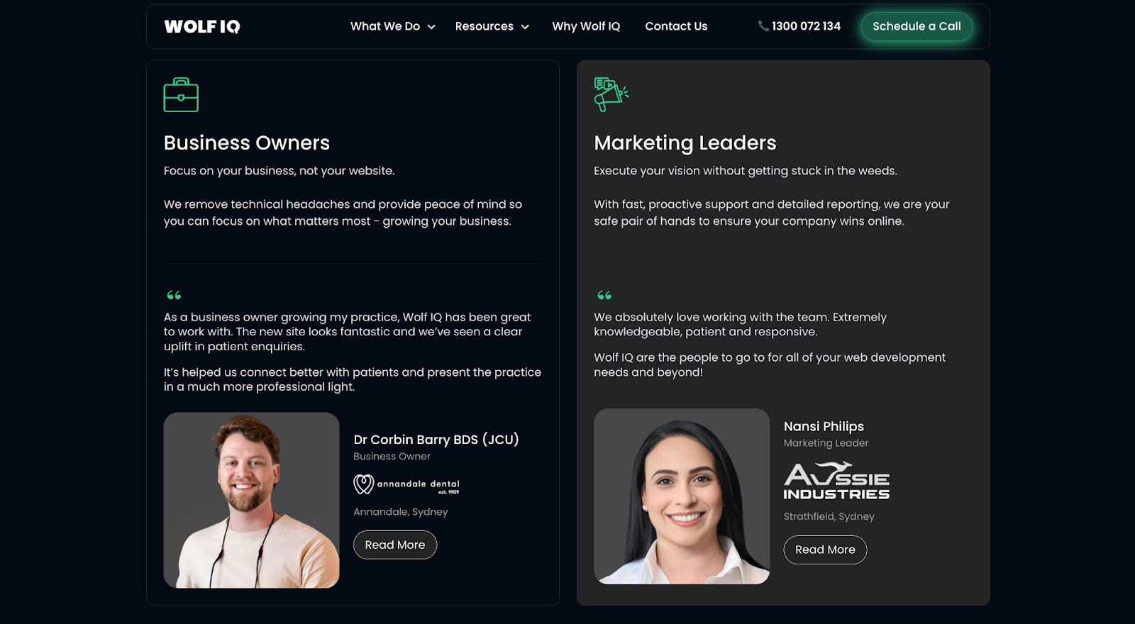 Real testimonials from named clients such as Dr Corbin Barry from Annandale Dental alongside their photos and company logos - Wolf IQ