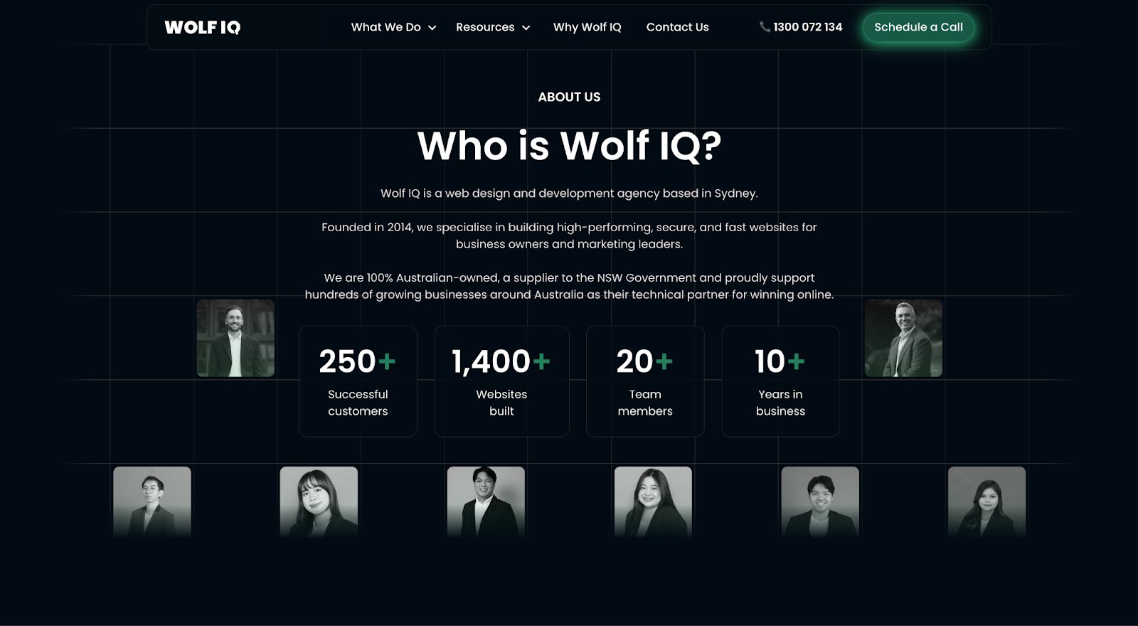 Wolf IQ About Us page layout showing a grid of professional team headshots and statistics including 1,400+ websites built and 10+ years in business - Wolf IQ
