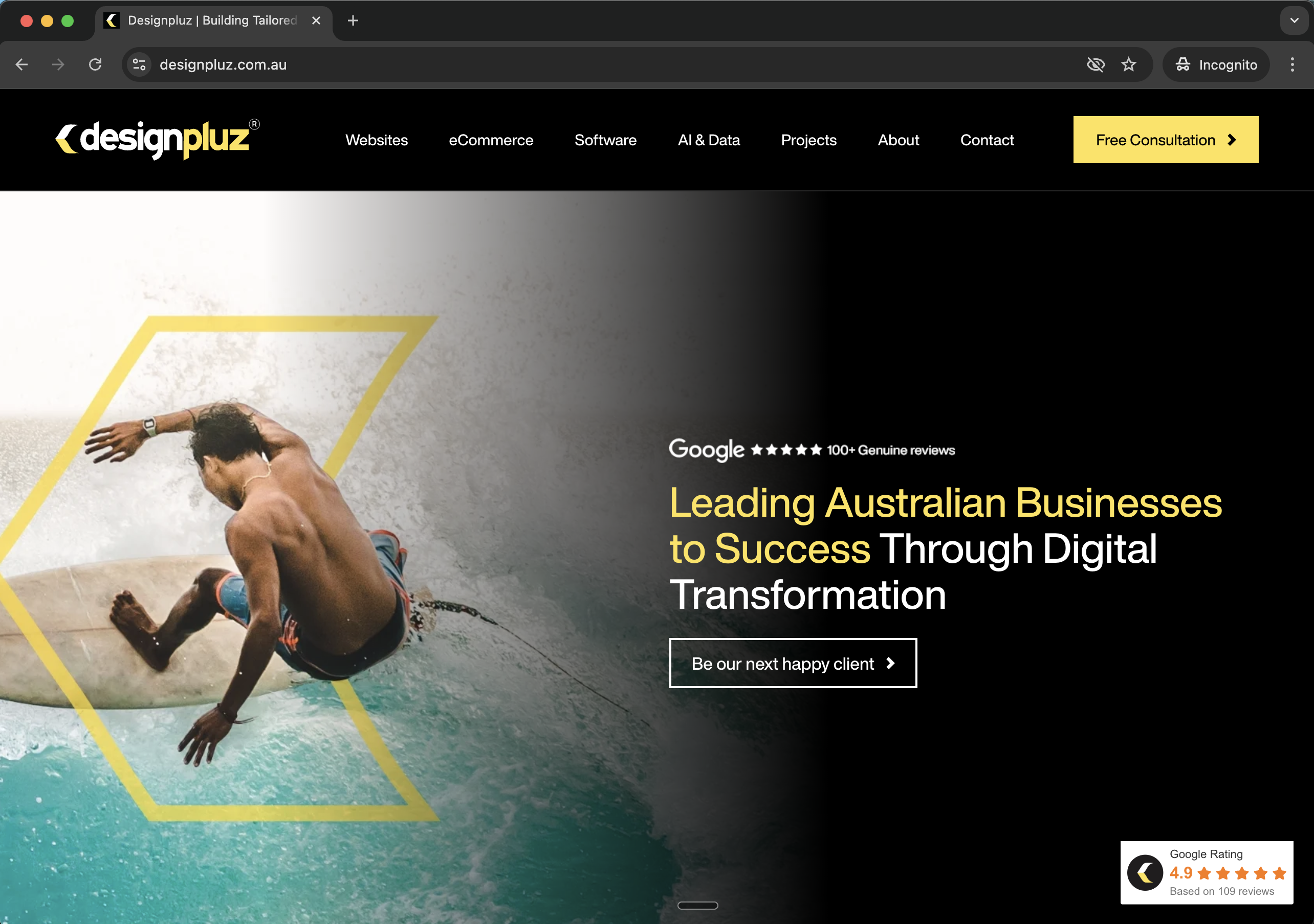 Designpluz Sydney digital agency homepage promoting website design, eCommerce, software and AI data services with 100+ genuine Google reviews - Wolf IQ