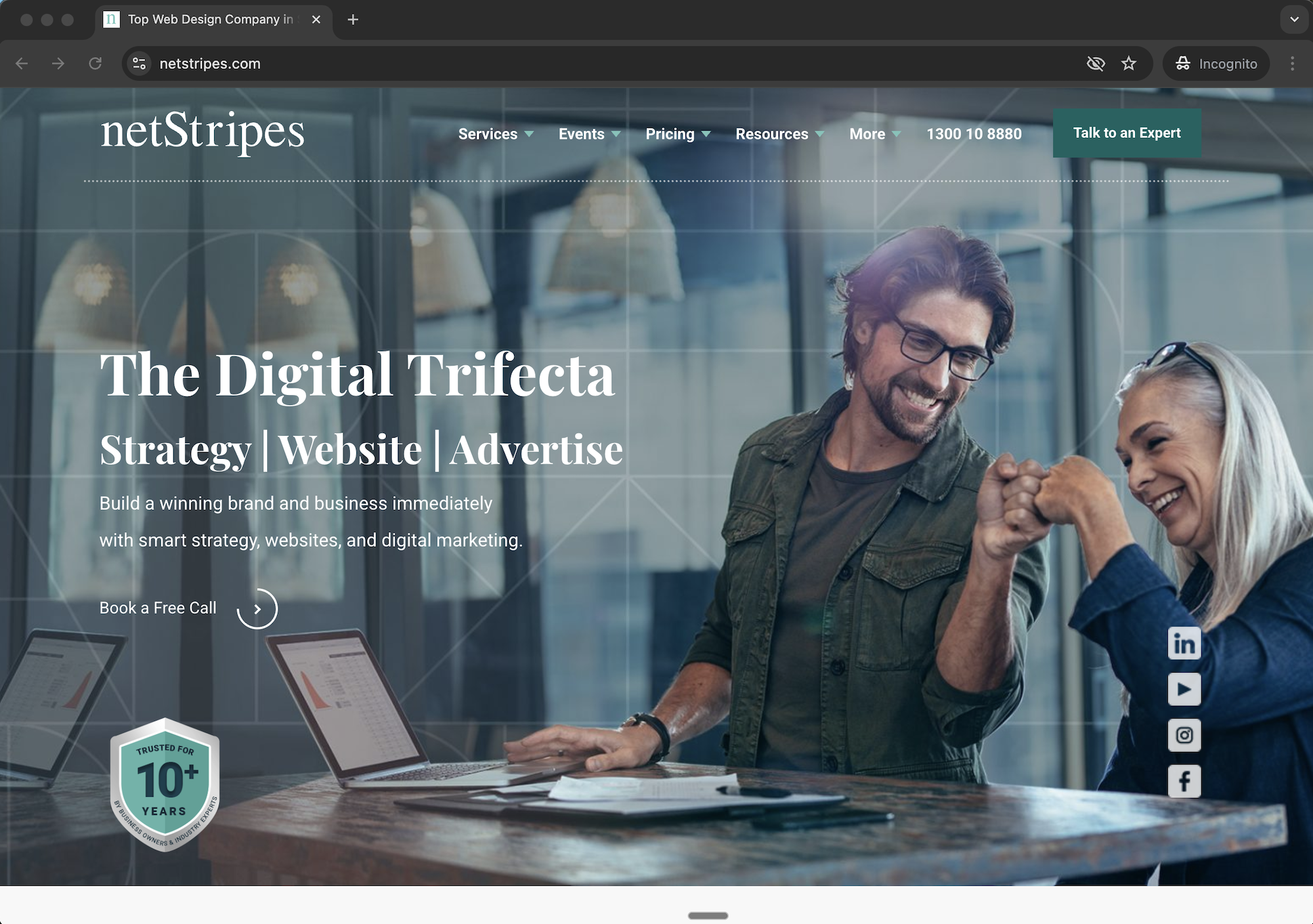 netStripes digital agency homepage promoting Strategy, Website and Advertise trifecta with 10+ years trusted experience badge and free consultation CTA - Wolf IQ
