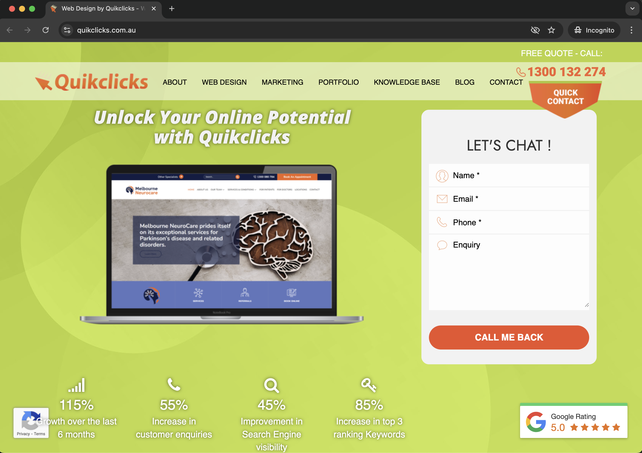 Quikclicks Sydney web design and marketing agency homepage showing 115% business growth, 55% increase in customer enquiries and 5.0 Google rating results - Wolf IQ