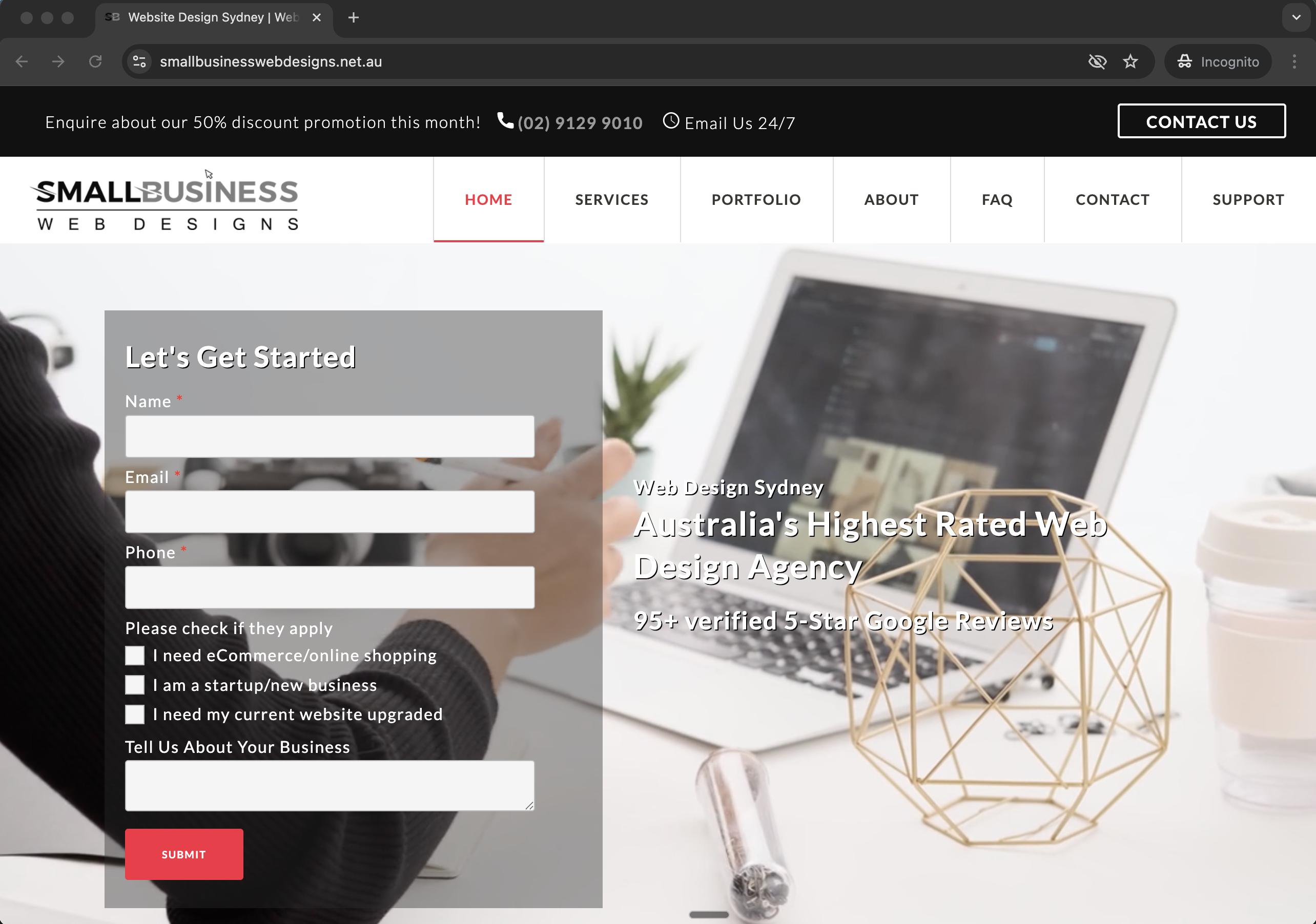 Small Business Web Designs Sydney homepage claiming Australia's highest rated web design agency with 95+ verified five-star Google reviews and lead capture form - Wolf IQ