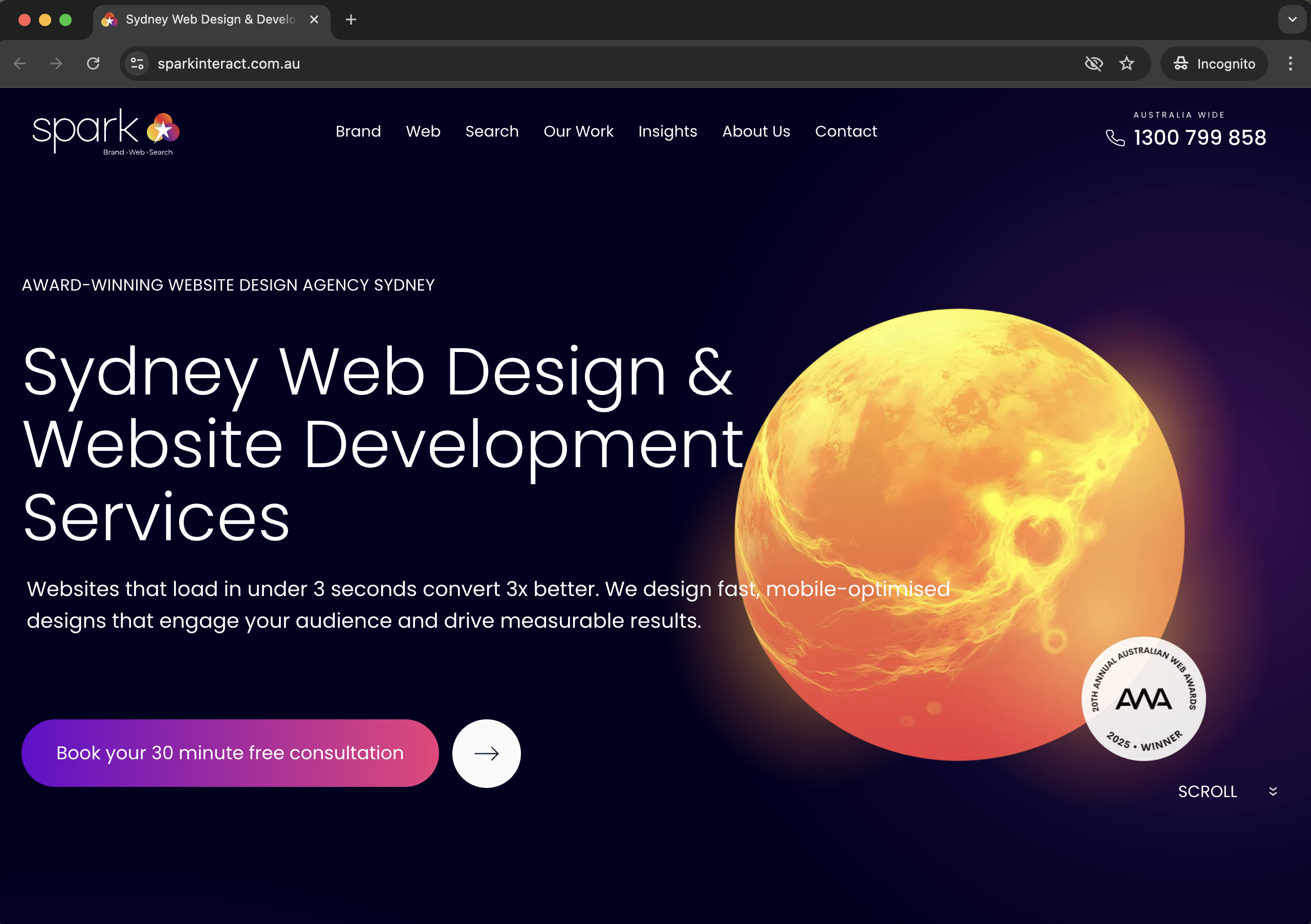 Spark Interact award-winning Sydney web design and website development agency homepage featuring Australian Web Awards 2025 winner badge and free consultation offer - Wolf IQ