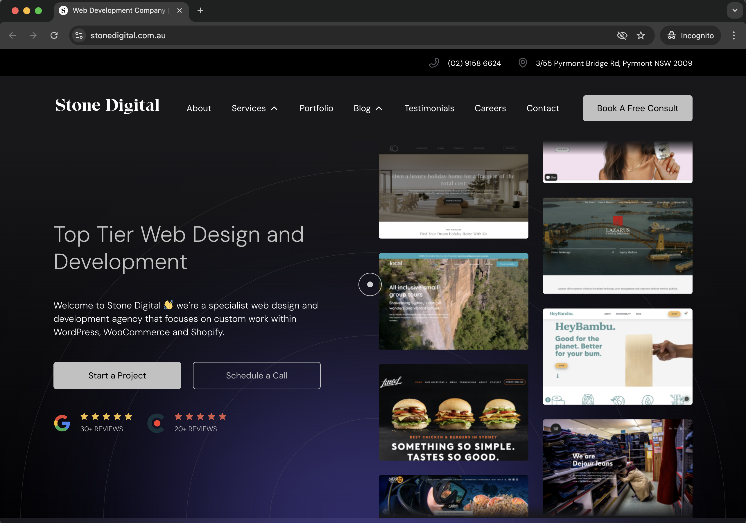 Stone Digital Sydney web design and development agency homepage featuring WordPress, WooCommerce and Shopify portfolio with 30+ Google reviews - Wolf IQ