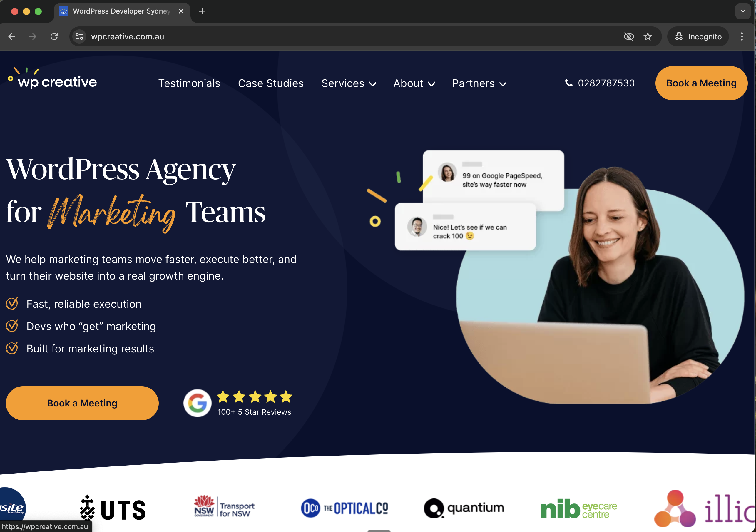 WP Creative Sydney WordPress agency homepage for marketing teams featuring 100+ five-star Google reviews and enterprise client logos - Wolf IQ