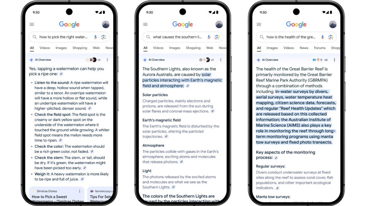 Three mobile phones displaying Google AI Overviews that summarise search results directly on-screen, showing how AI reshapes SEO visibility - Wolf IQ